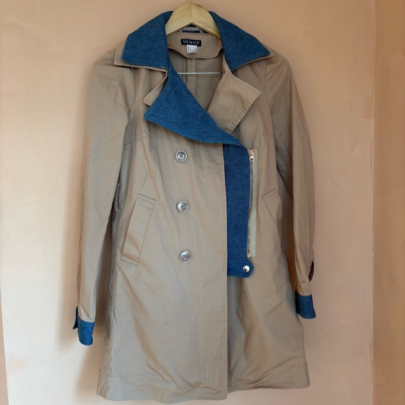 Venus Trench Coat Denim Trim Cotton Sz 4 - Picture 9 of 15